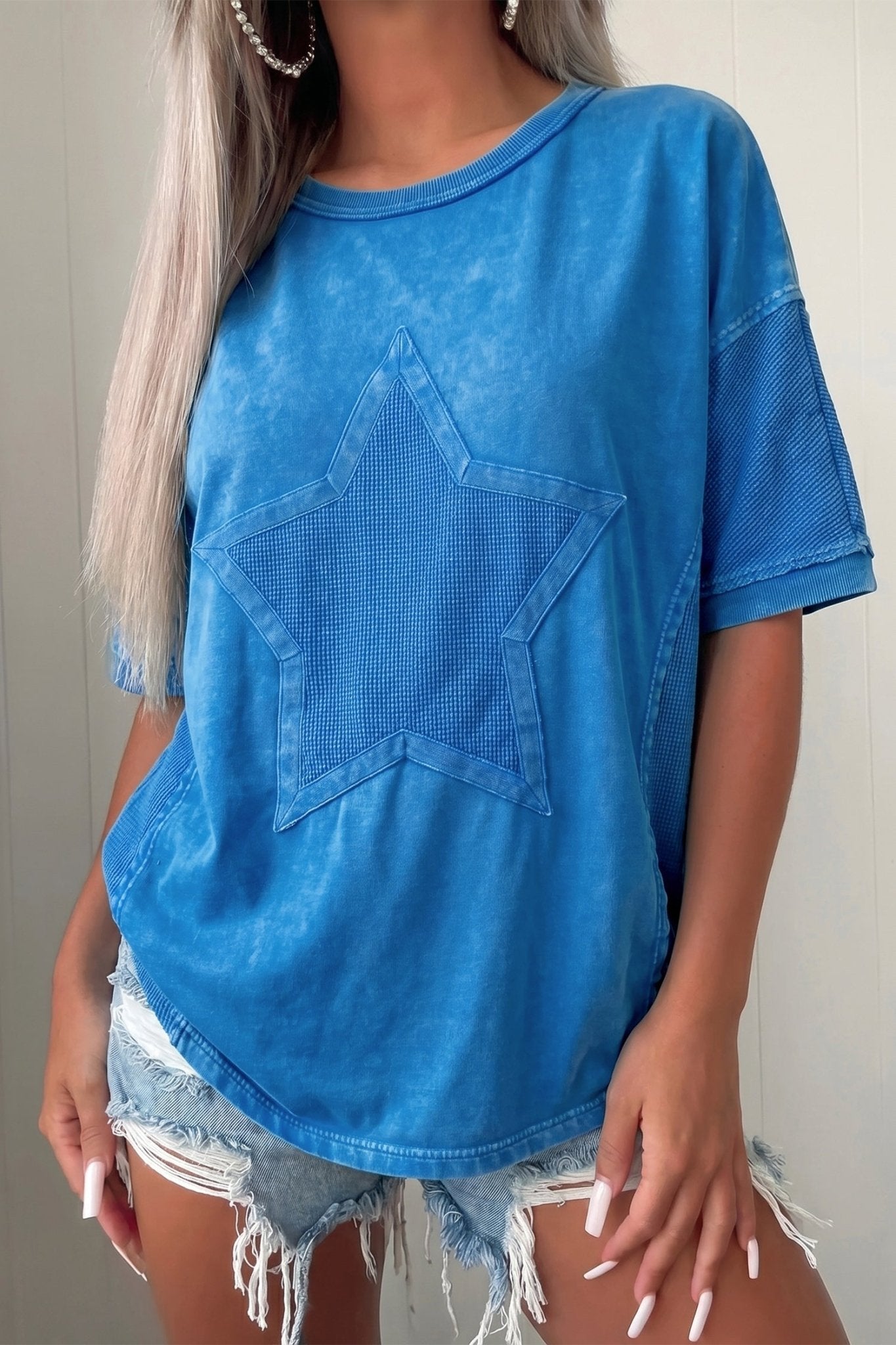 Blue Mineral Wash Star Mesh Patchwork Oversize Tee - Loving It Shop