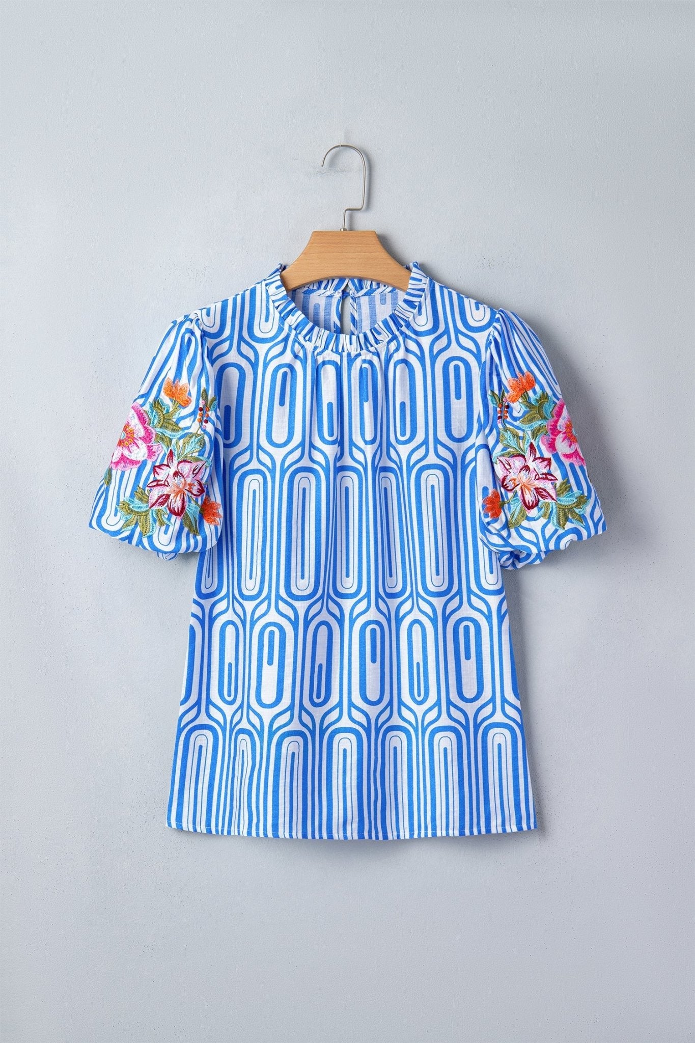Sky Blue Unique Geometry Print Floral Embroidered Puff Sleeve Blouse - Loving It Shop