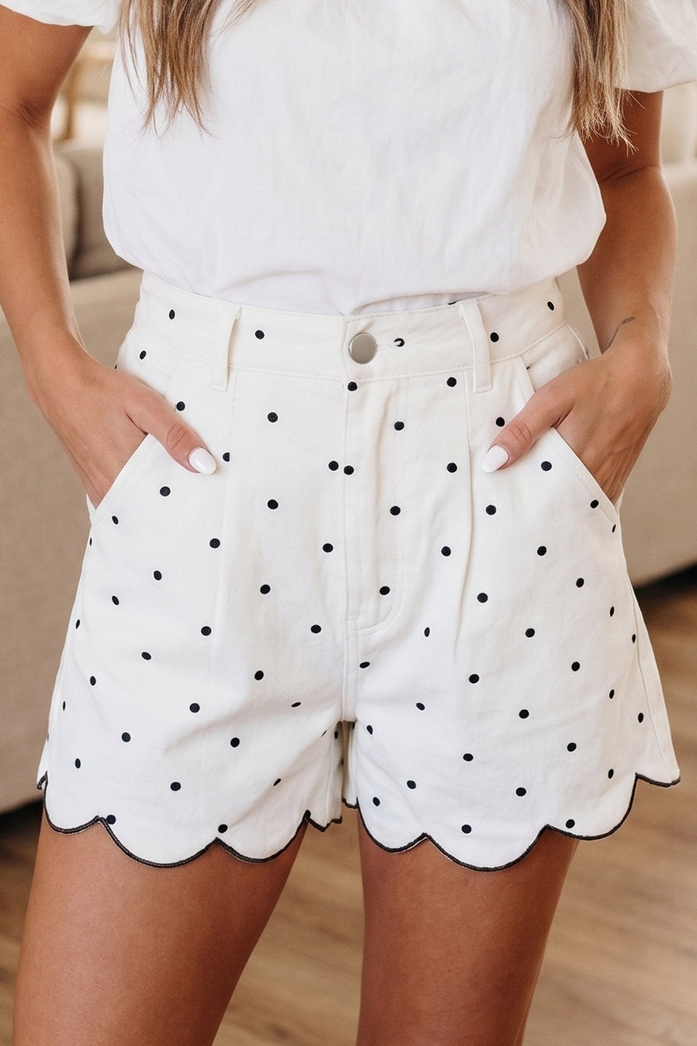 White Polka Dot Print Embroidered Scallop Hem Shorts - Loving It Shop