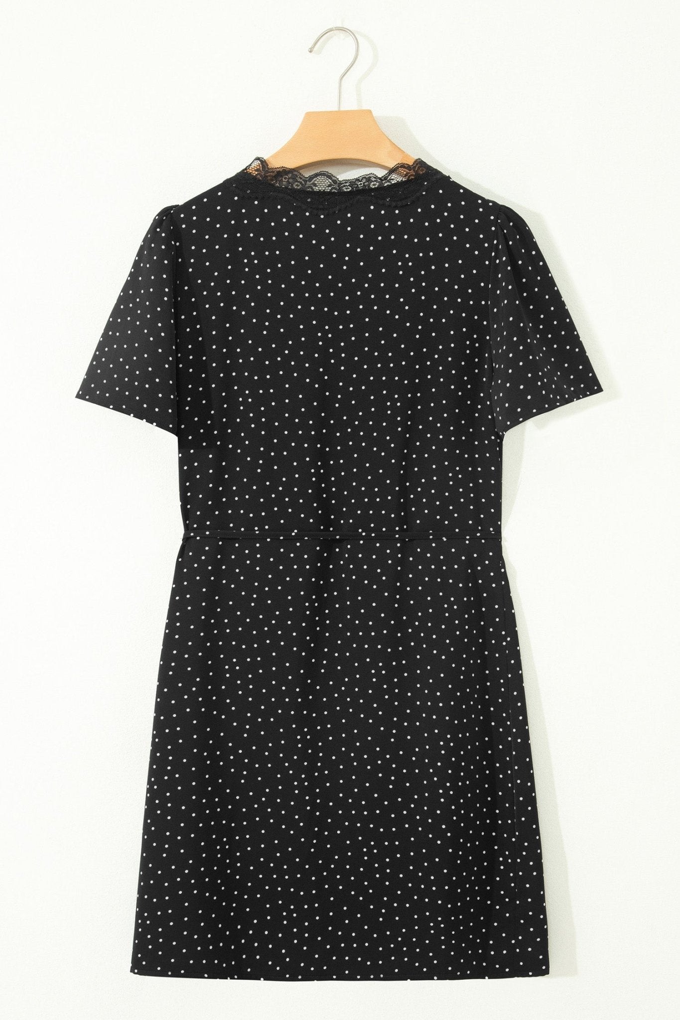 Black Polka Dot Print Lace Trim Wrap Mini Dress - Loving It Shop
