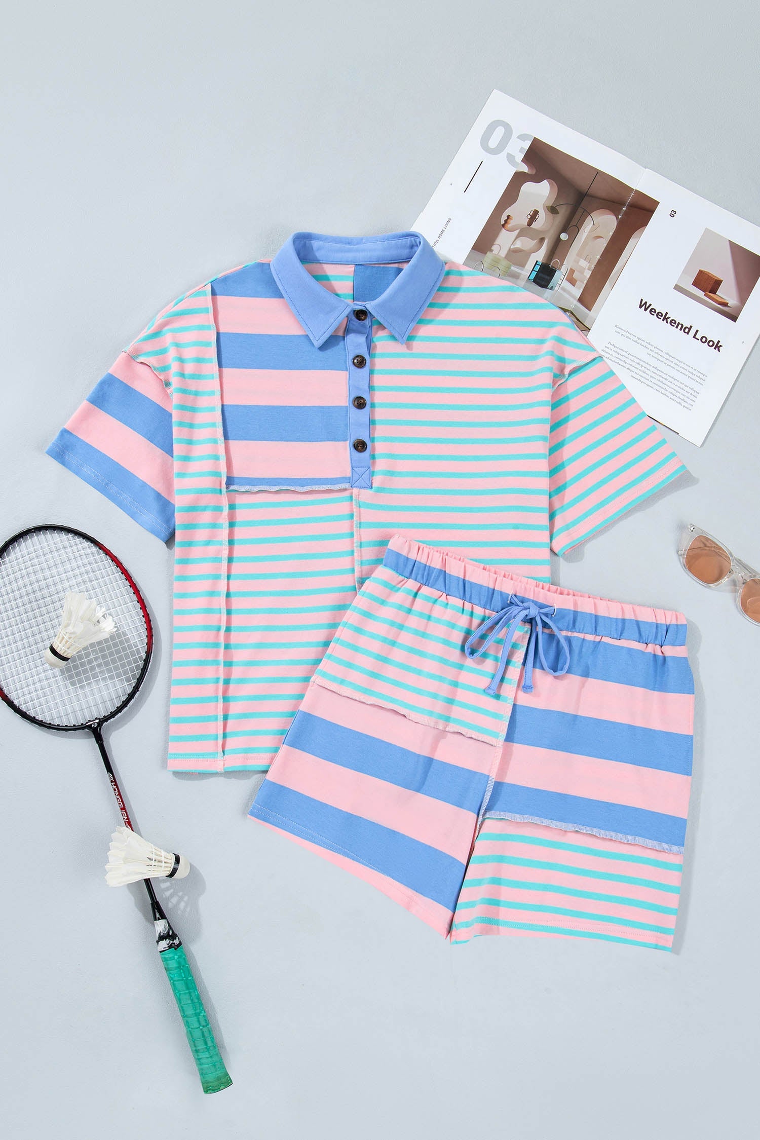 Pink Stripe Exposed Seam Mixed Patchwork Loose Short Set - Loving It Shop