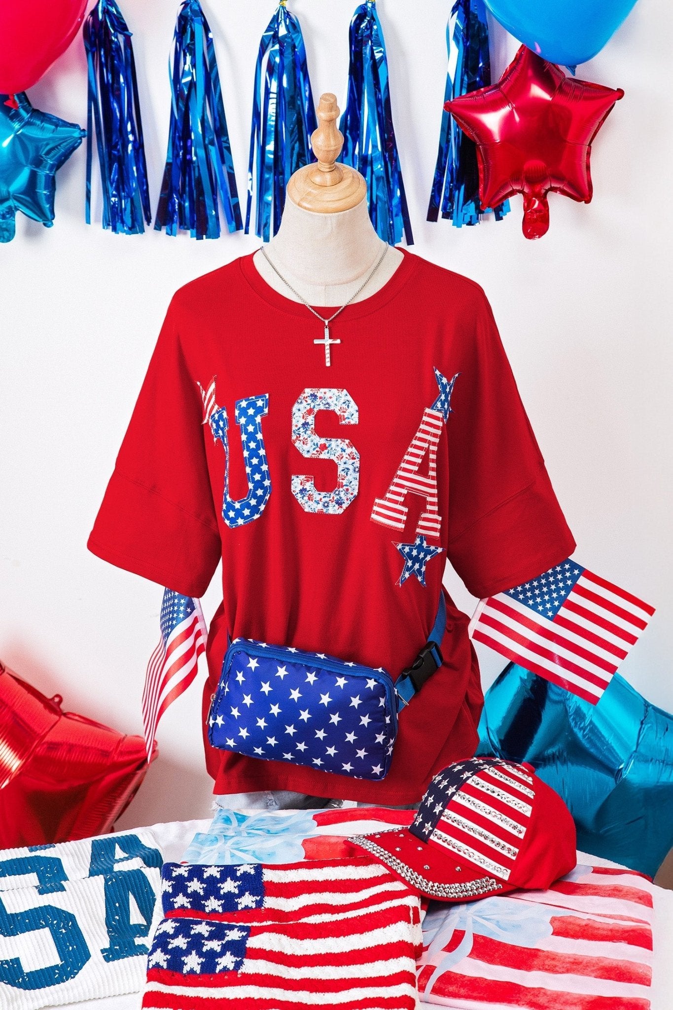 Fiery Red Patriotic USA Slogan Patch Embroidery Short Sleeve T Shirt - Loving It Shop