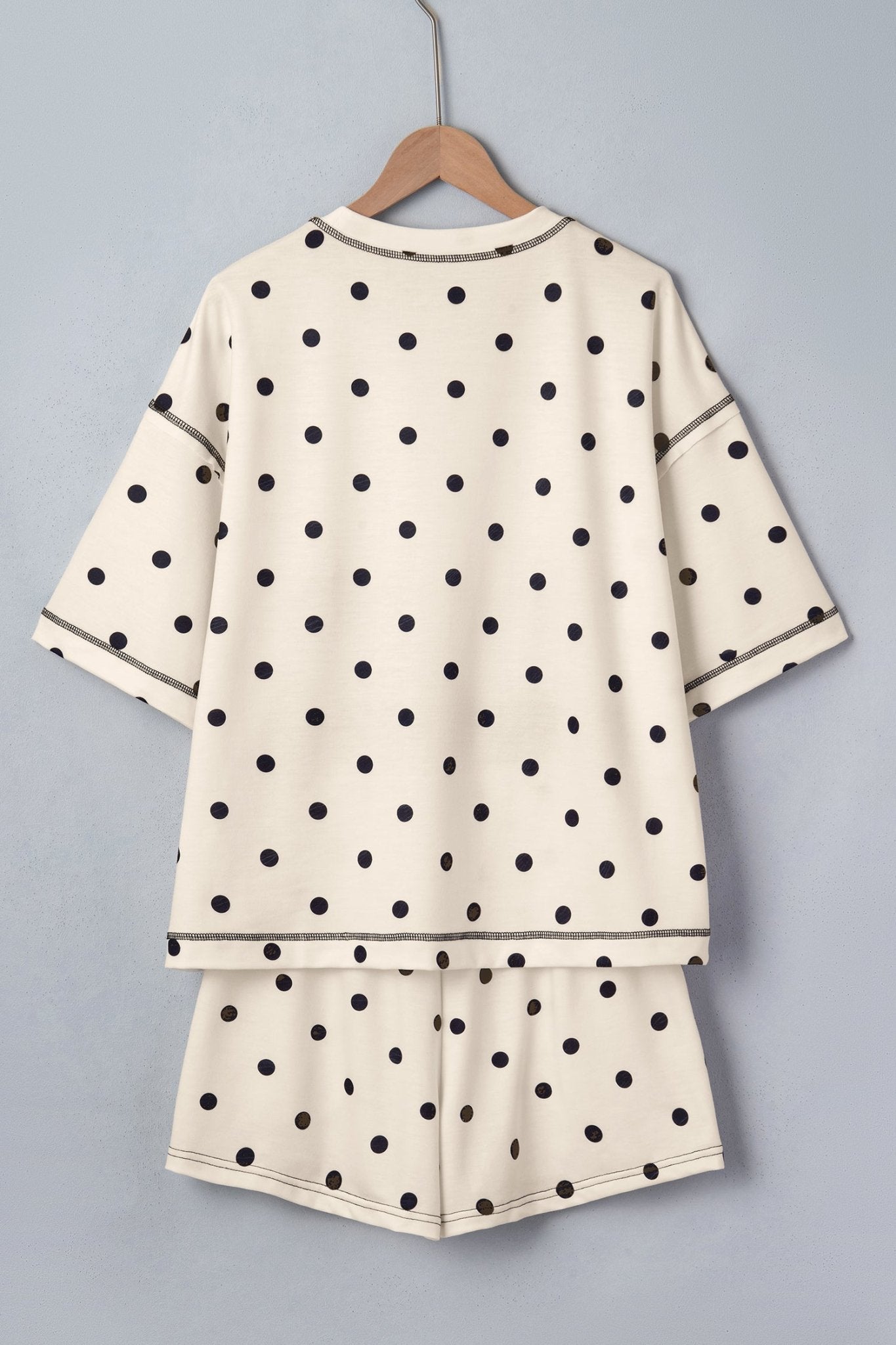 White Exposed Seam Detail Polka Dot Loose Tee Drawstring Shorts Set - Loving It Shop