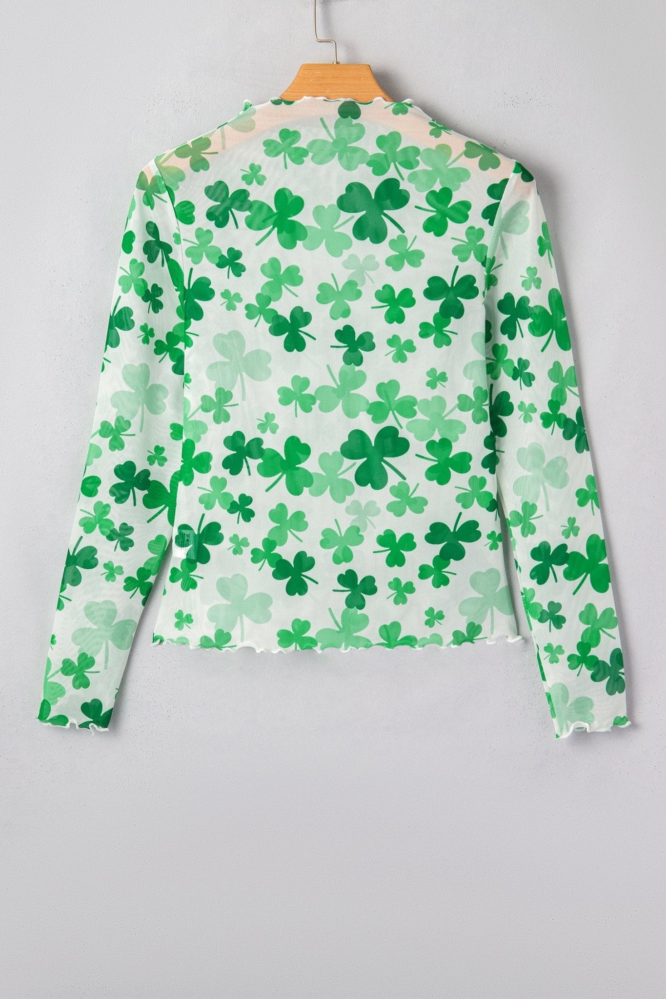 Green Lucky Shamrock Lettuce Trim High Neck Mesh Long Sleeve Top - Loving It Shop