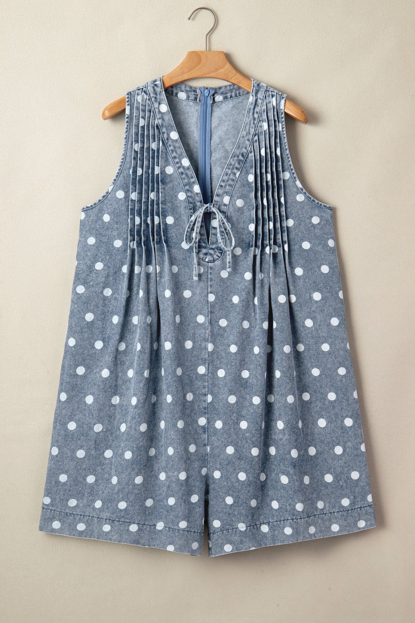 Sky Blue Polka Dot Print Tie V Neck Pleated Loose Denim Romper - Loving It Shop