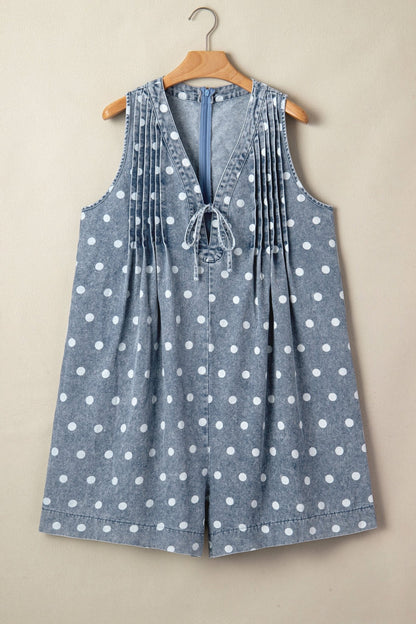 Sky Blue Polka Dot Print Tie V Neck Pleated Loose Denim Romper - Loving It Shop