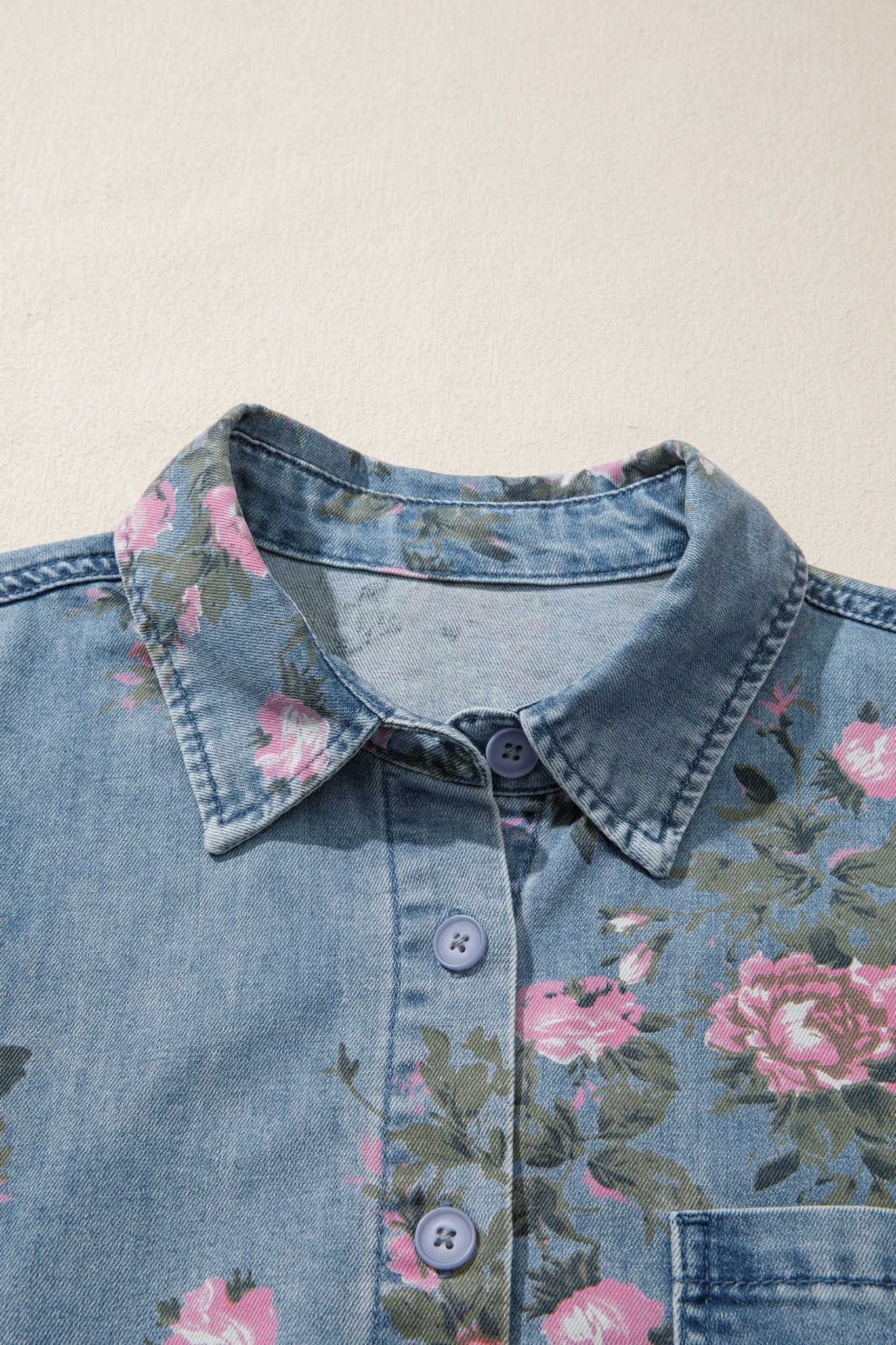 Blue Bracelet Sleeve Floral Denim Shirt - Loving It Shop