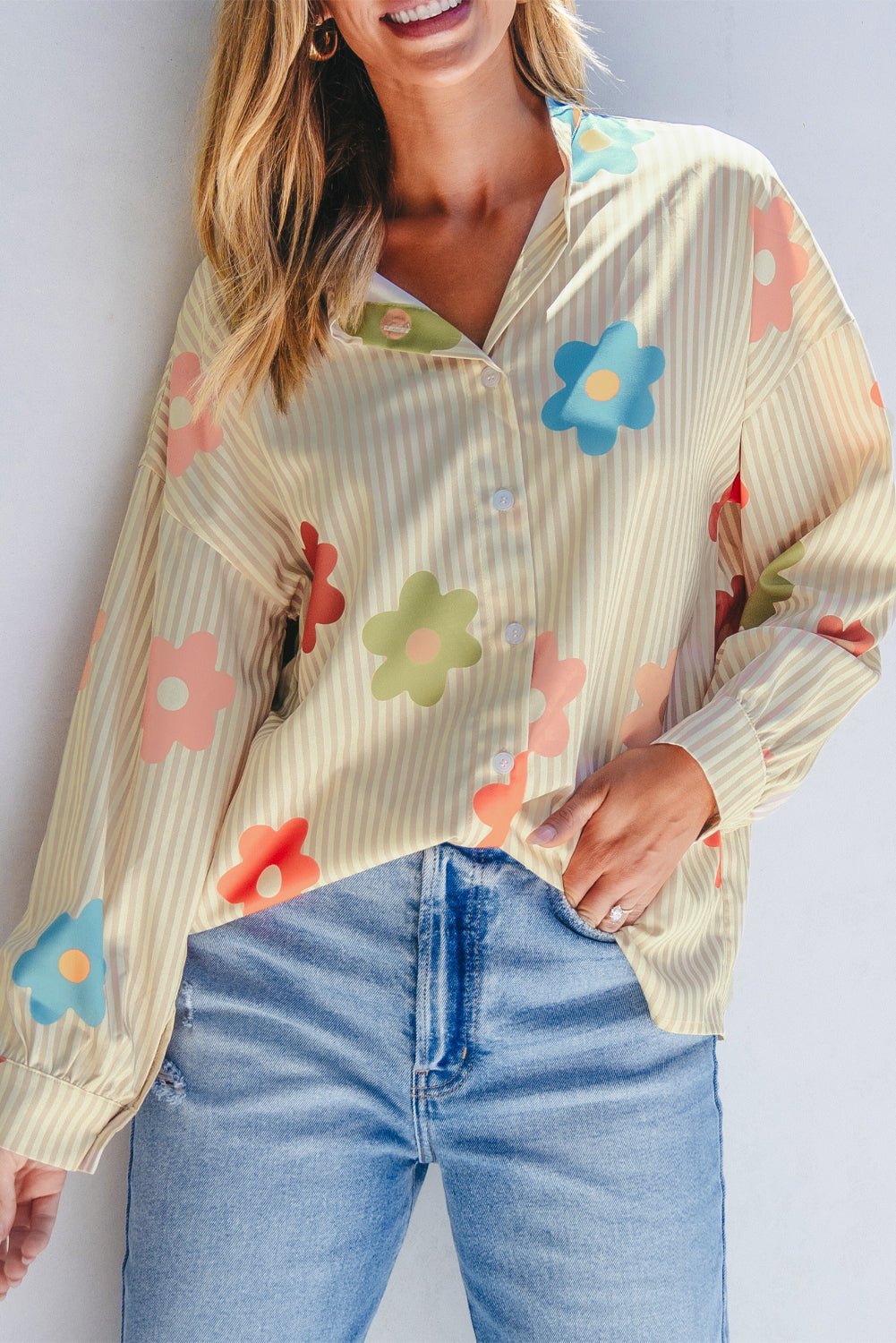 Apricot Stripe Flower Print Collared Button - up Loose Fit Shirt - Loving It Shop