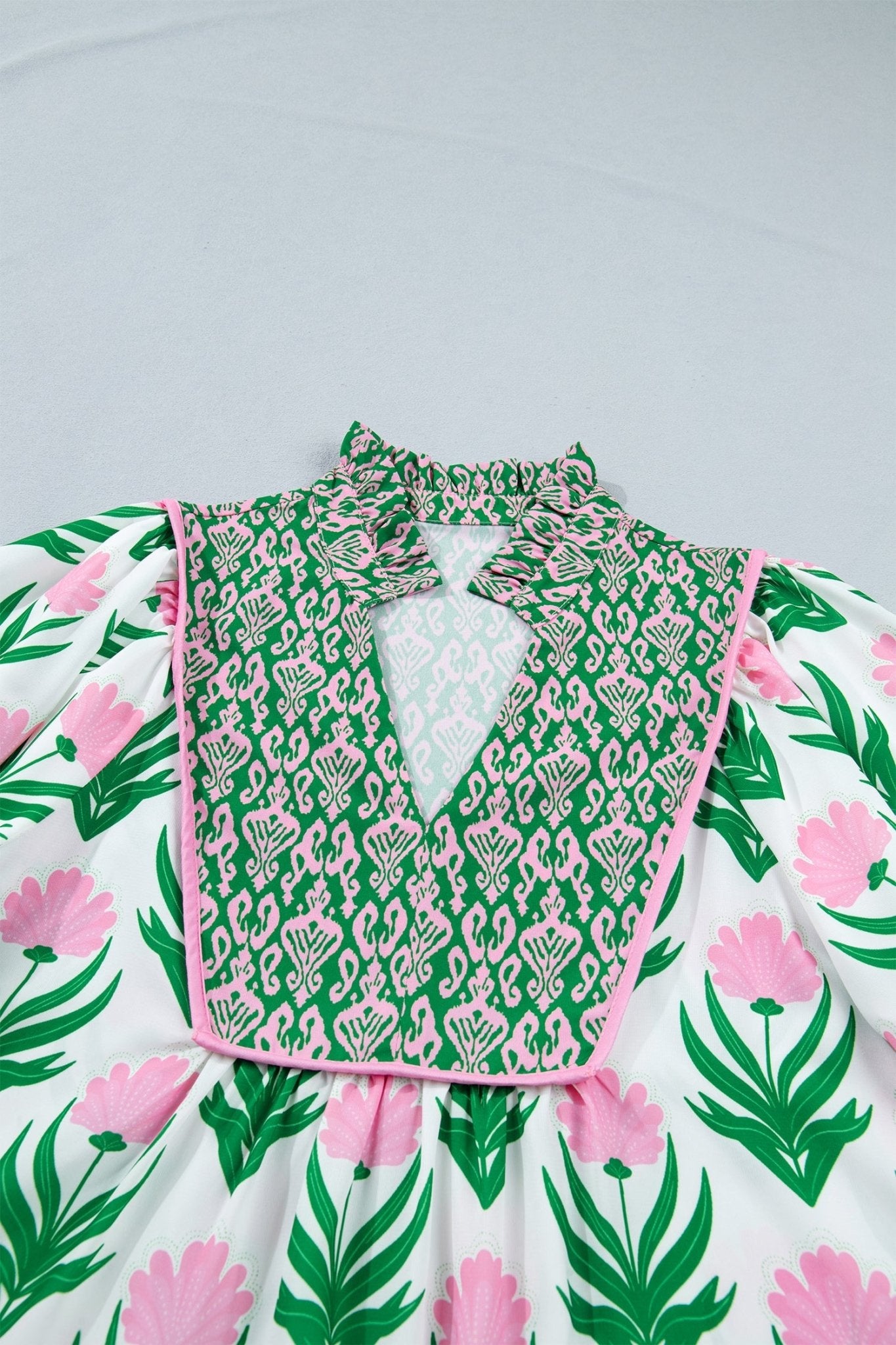 Multicolour Floral Print Puff Sleeve Contrast Bordered V Neck Blouse - Loving It Shop