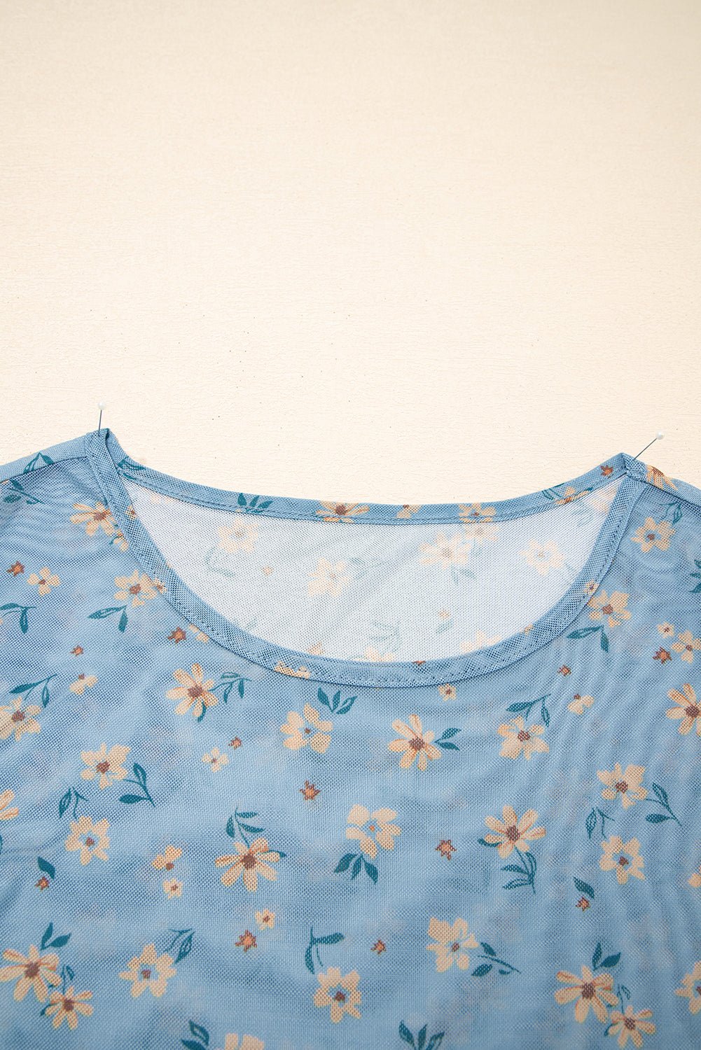 Sky Blue Vintage Floral Print Southern Style Mesh Long Sleeve Top - Loving It Shop
