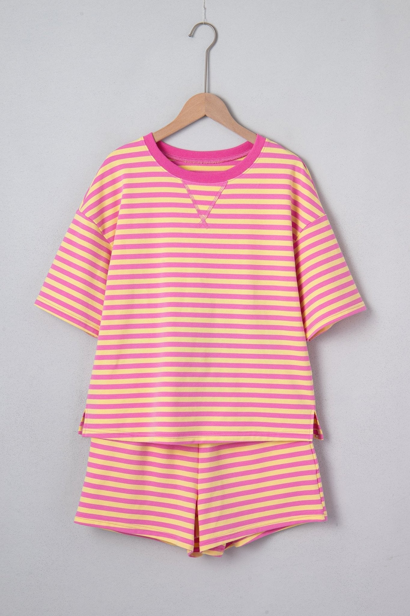 Rose Stripe Drop Shoulder Boxy Casual Terry Short Set - Loving It Shop