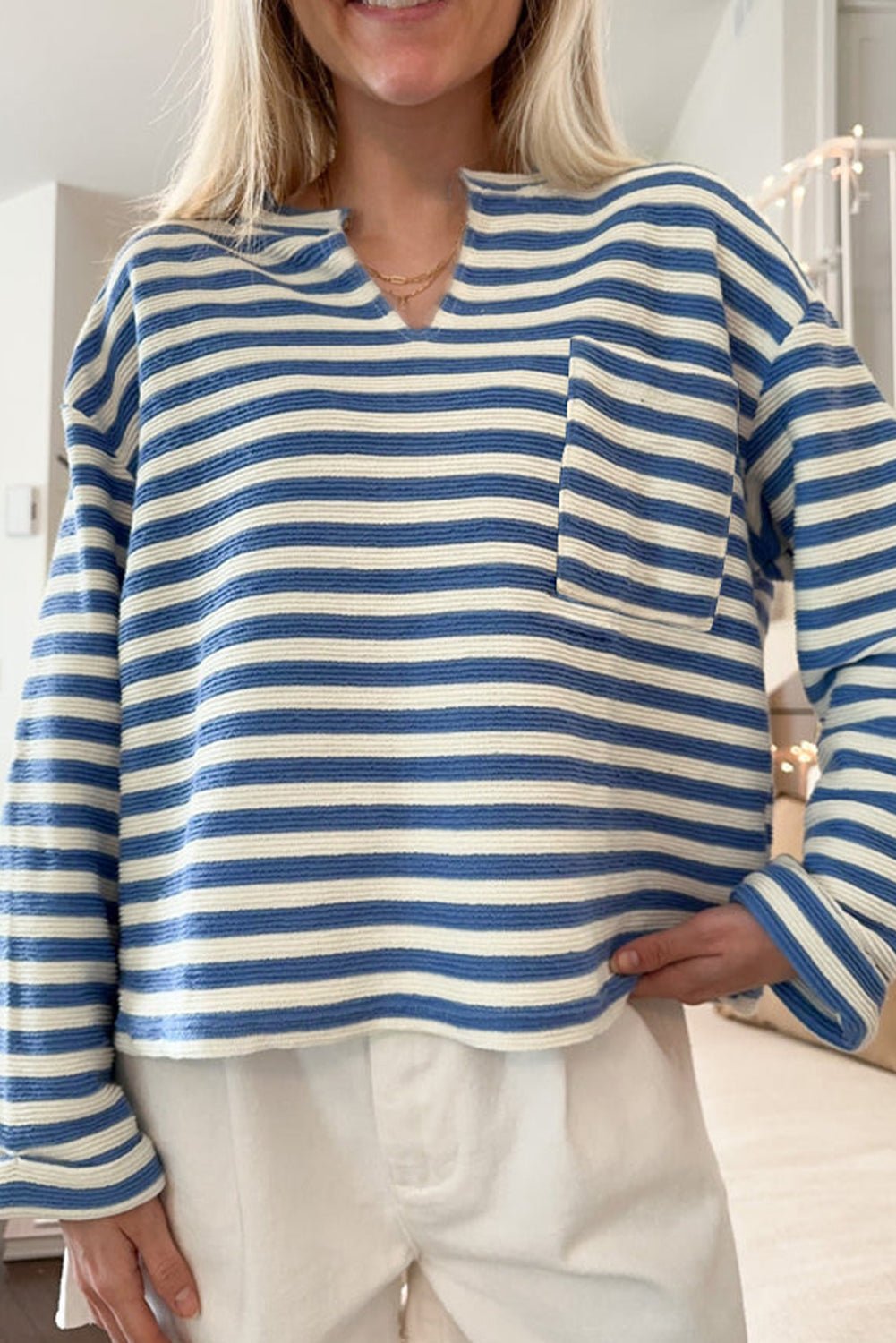 Sky Blue Stripe Chest Pocket Buttoned Back Notched V Neck Top - Loving It Shop