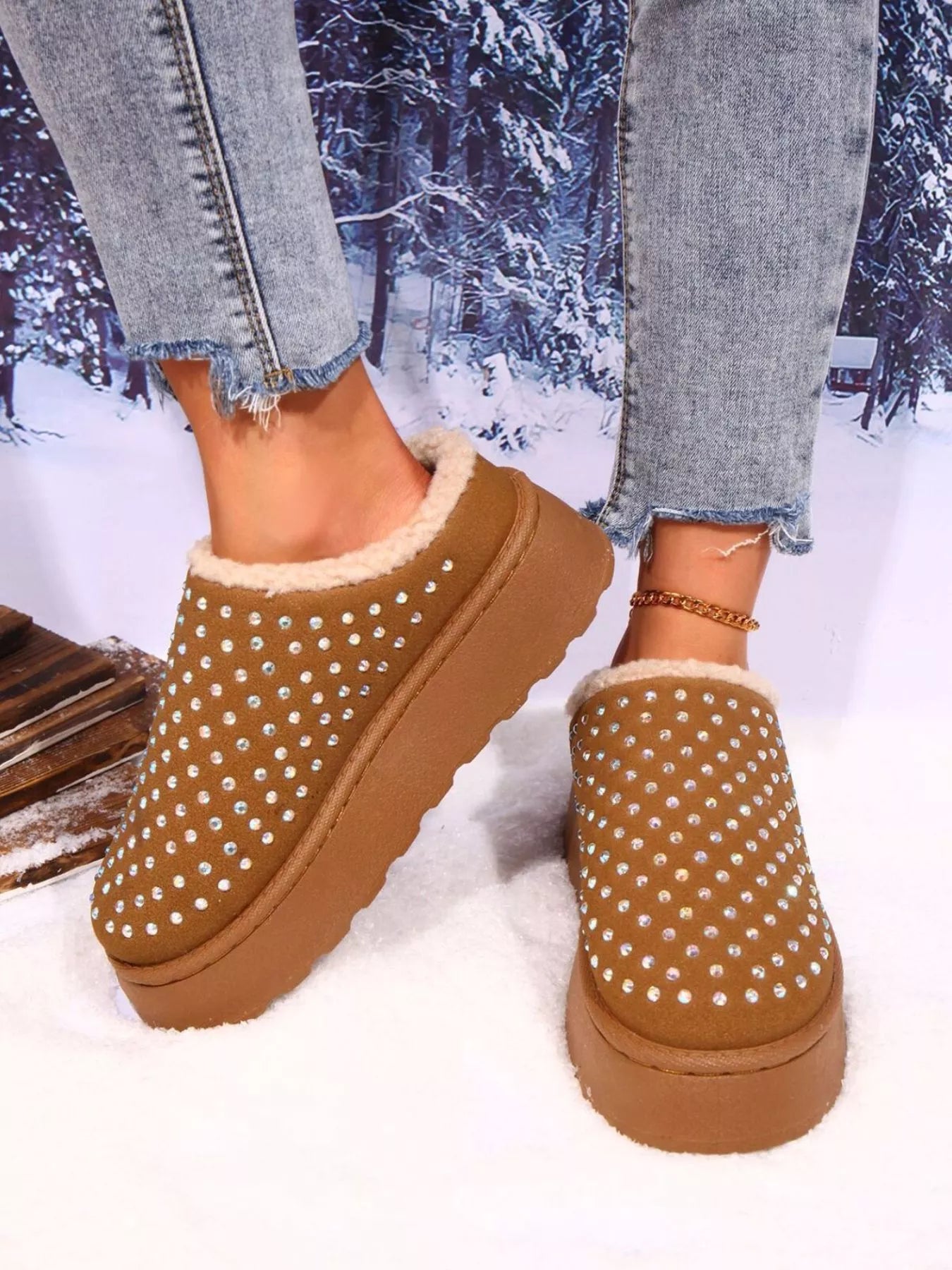 Rhinestone Round Toe Platform Slippers - Loving It Shop