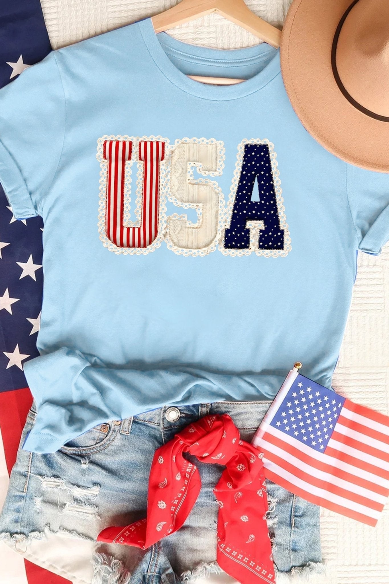 Light Blue USA Patriotic Printed T Shirt - Loving It Shop