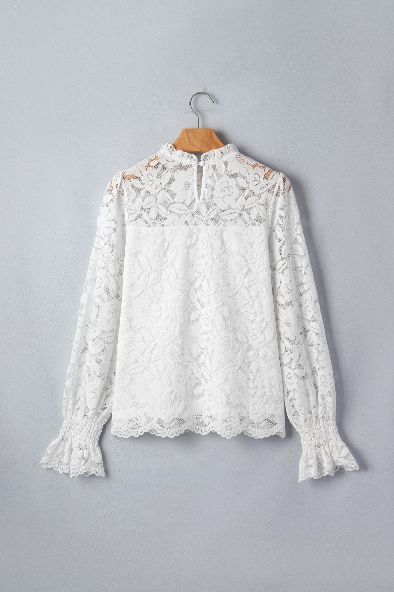 White Ruffled Round Neck Long Flounce Sleeve Sheer Lace Blouse - Loving It Shop