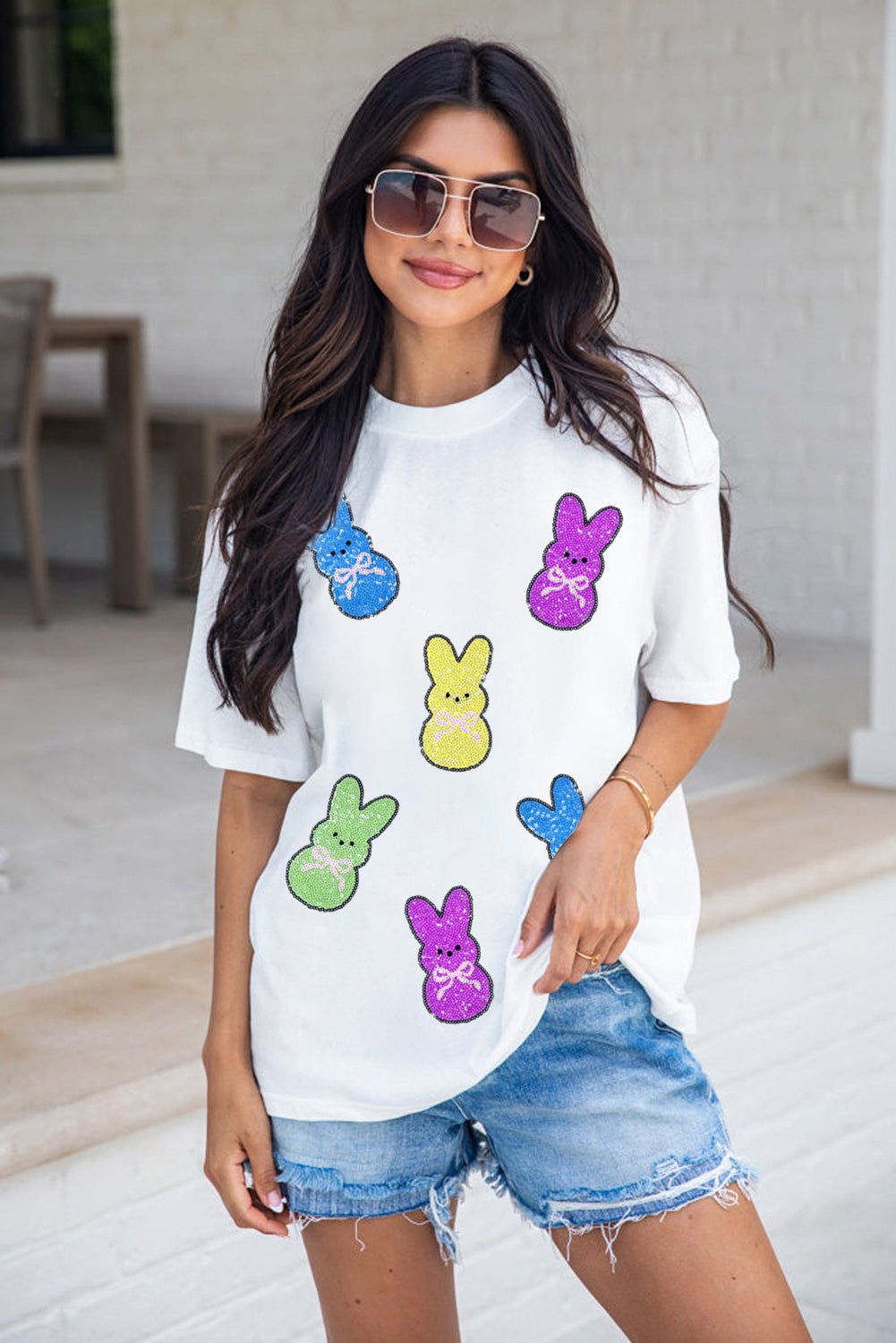 White Sequin Bow Bunny Doll Patched Easter Graphic Tee - Loving It Shop