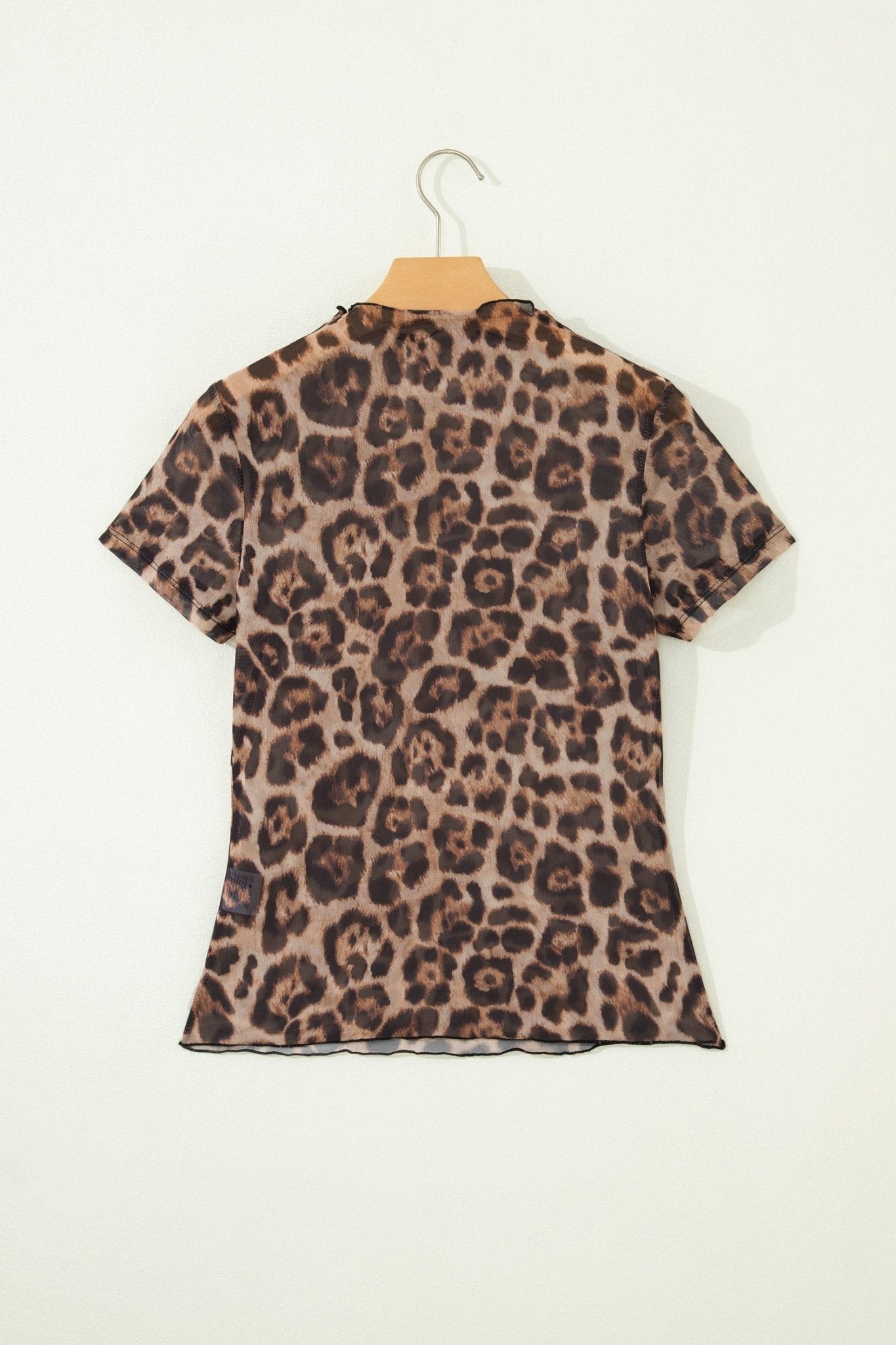 Camel Leopard Printed Mesh Short Sleeve Top - Loving It Shop