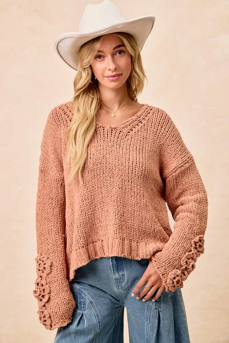 Chunky Knit Sweater with Flower Detail Sleeves