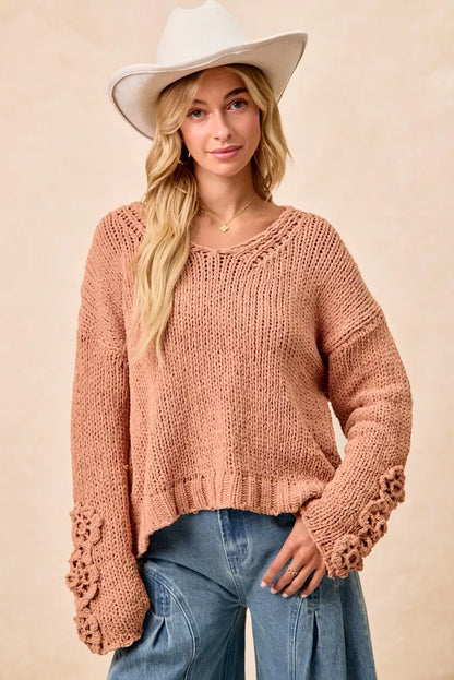 Chunky Knit Sweater with Flower Detail Sleeves