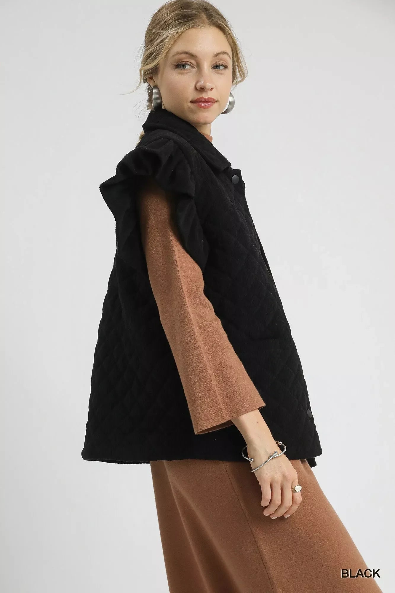 Corduroy Quilted Ruffle Sleeve Vest