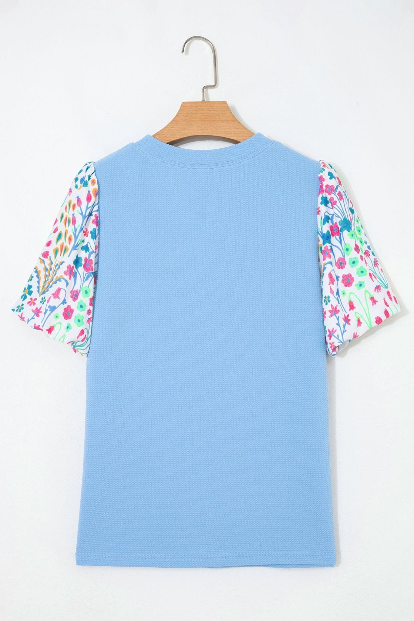 Light Blue Textured Bodice Contrast Floral Sleeve Plus Size Top - Loving It Shop