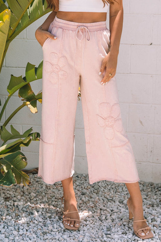 Pink Flower Patch Mineral Washed Terry Knit Cropped Wide Leg Pants - Loving It Shop