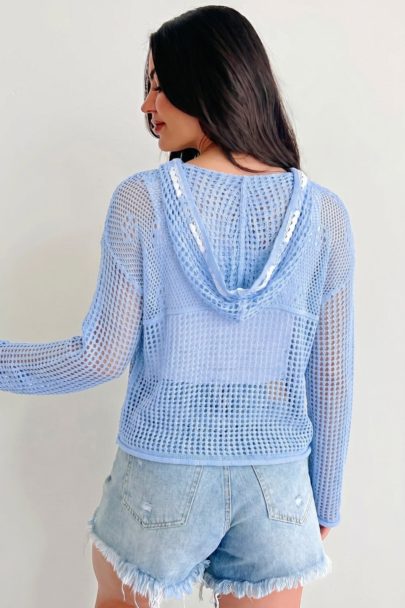Beau Blue Hollow Out Crochet Knit American Flag Patched Sweater Hoodie - Loving It Shop
