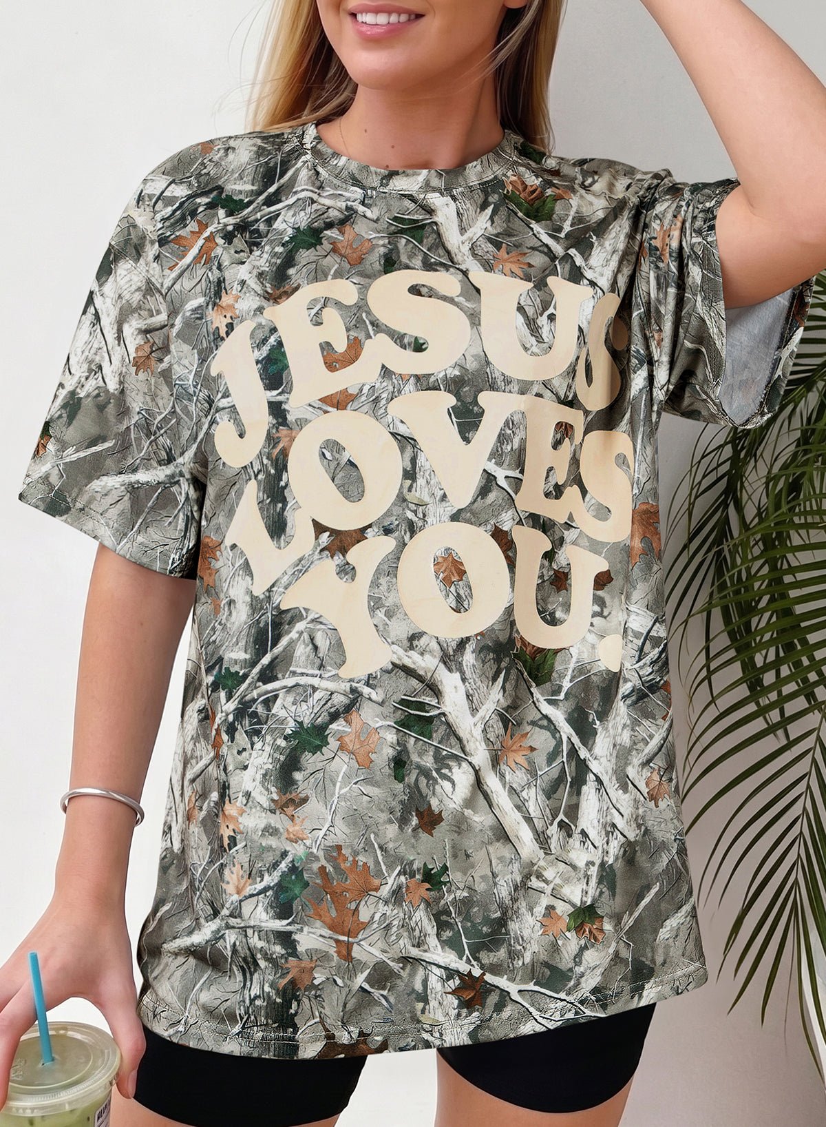 Beige Camo Woodland LOVE LIKE JESUS Casual Tee - Loving It Shop