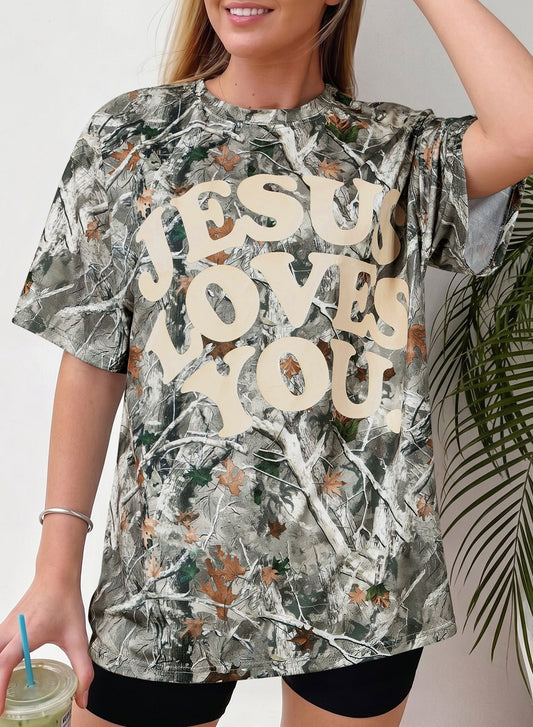 Beige Camo Woodland LOVE LIKE JESUS Casual Tee - Loving It Shop