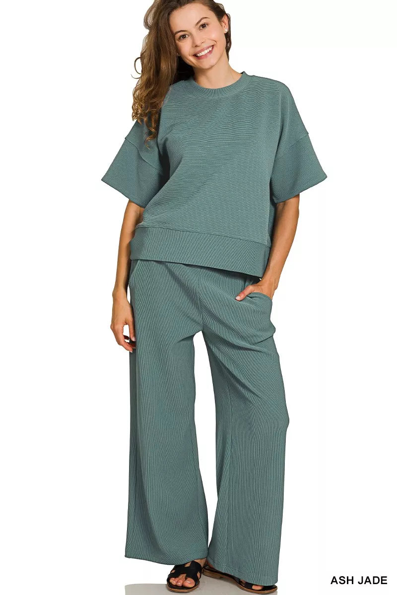 Ribbed Round Neck Tee & Pants Set