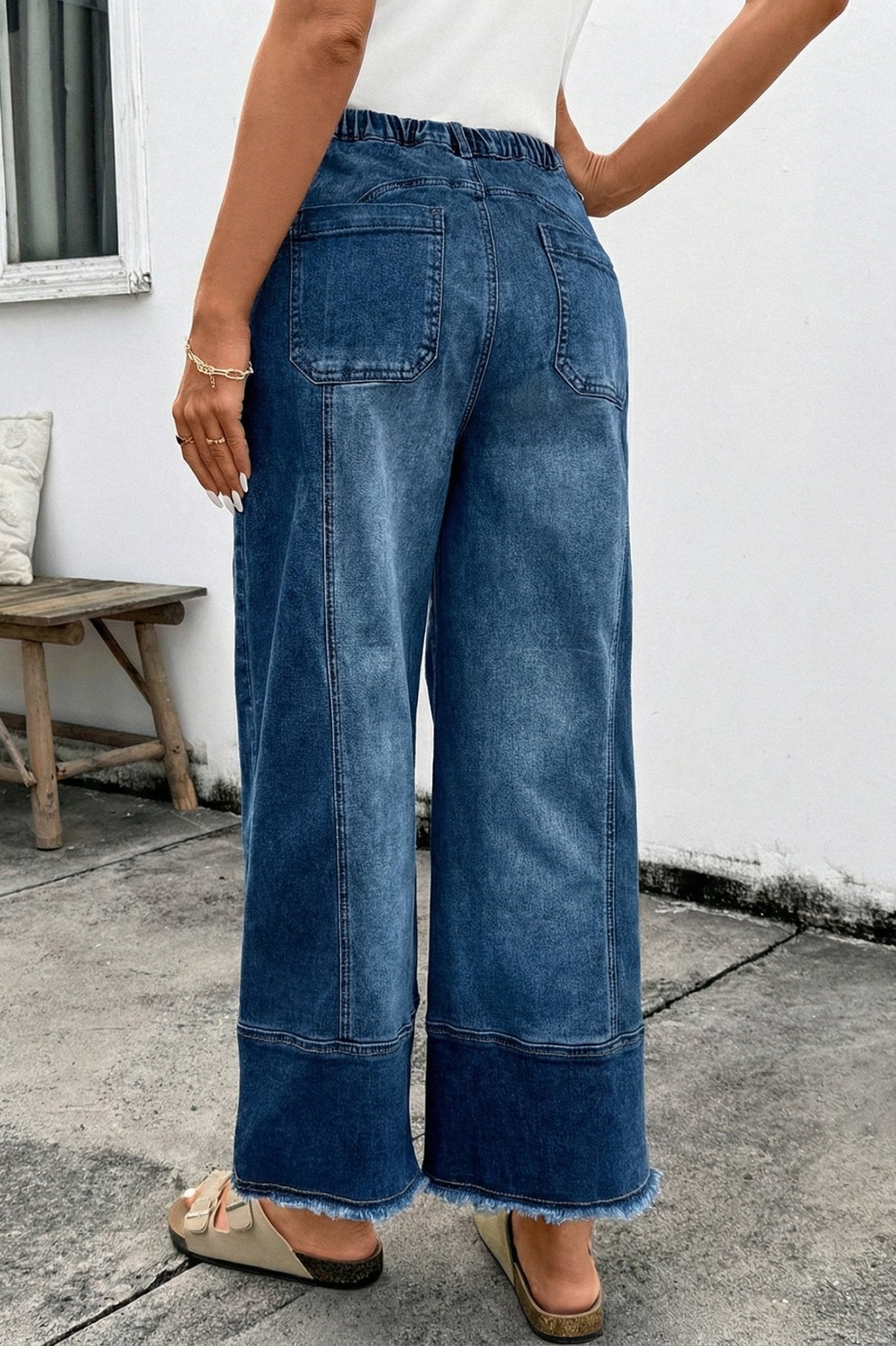Prussian Blue Drawstring Seam Detail Raw Hem Wide Leg Denim Pants - Loving It Shop