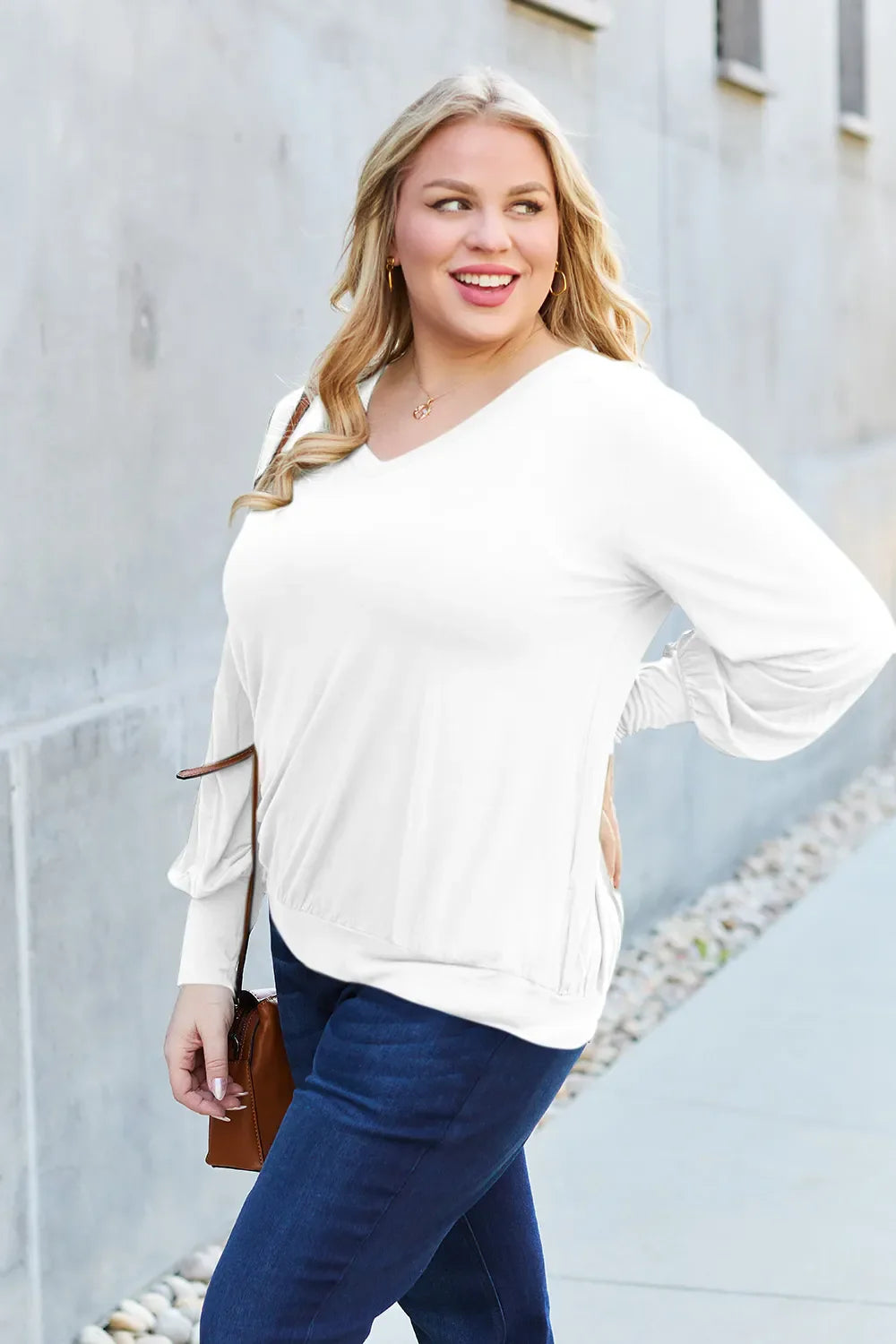 Full Size V-Neck Lantern Sleeve Top