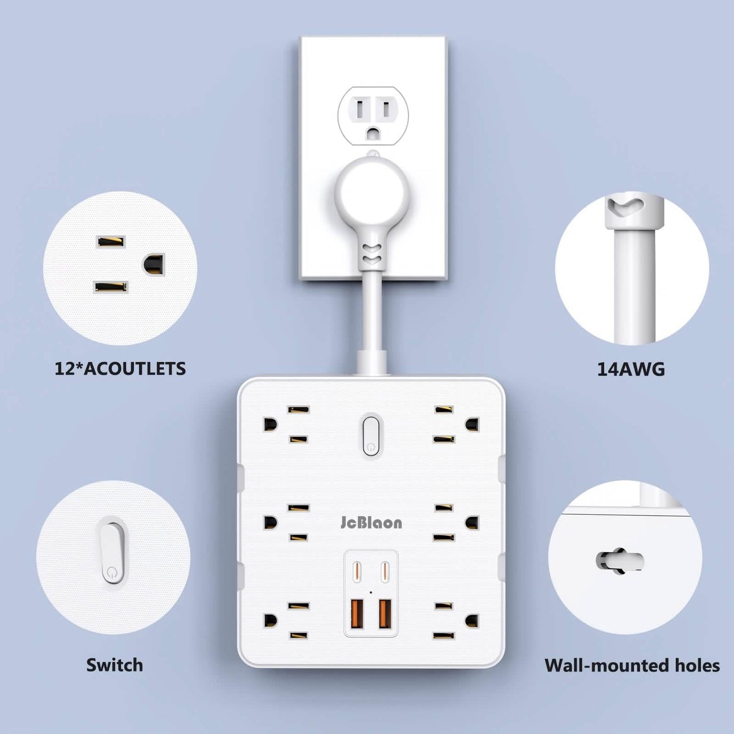 16-in-1 Power Strip – 12 AC Outlets &amp; 4 USB Ports, White