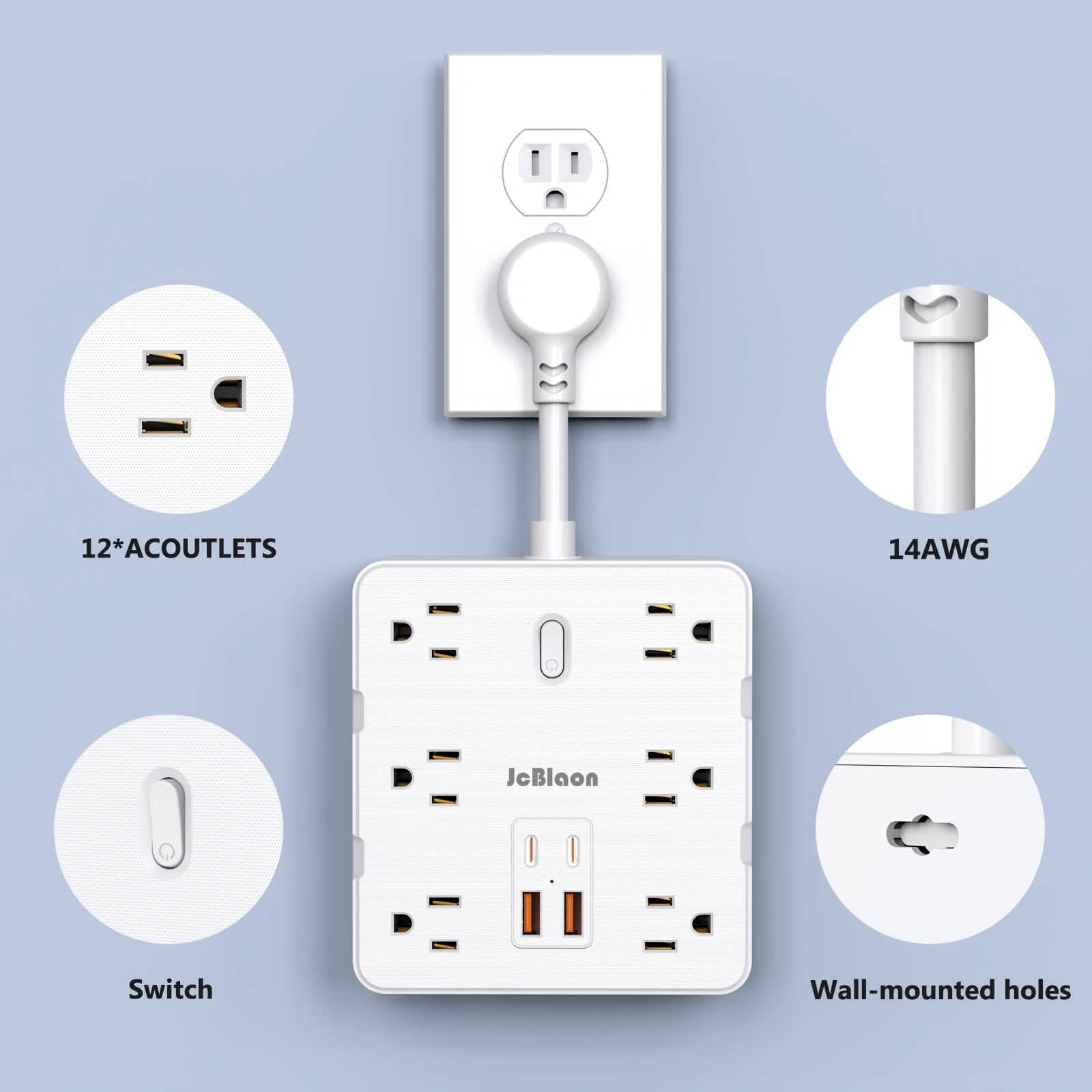 16-in-1 Power Strip – 12 AC Outlets &amp; 4 USB Ports, White