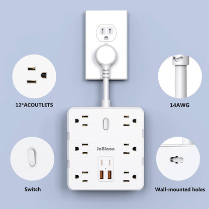 16-in-1 Power Strip – 12 AC Outlets &amp; 4 USB Ports, White