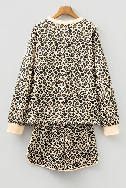 Brown Leopard Print Contrast Trim Long Sleeve Pullover Drawstring Shorts 2pcs Outfit