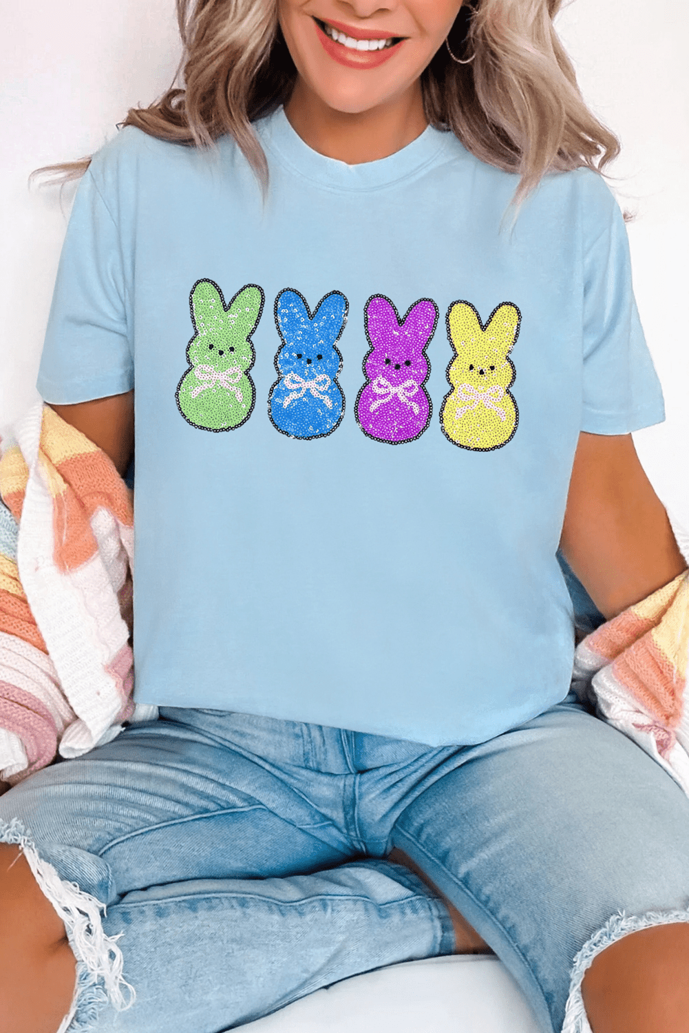 Light Blue Sequin Bunny Doll Graphic Casual T Shirt - Loving It Shop