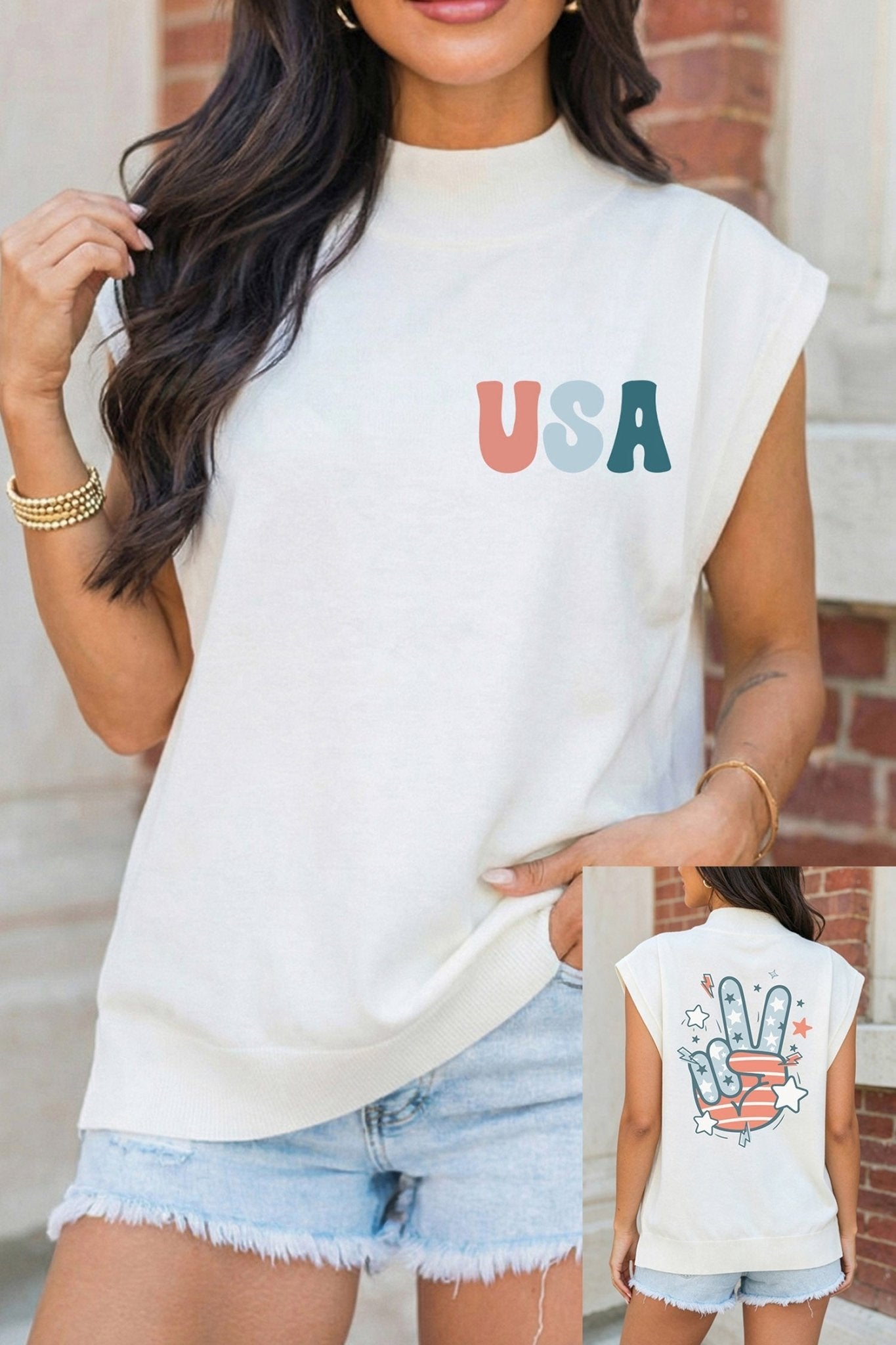 White USA/ Patriotic Victory Double Side Printed Mock Neck Tee - Loving It Shop