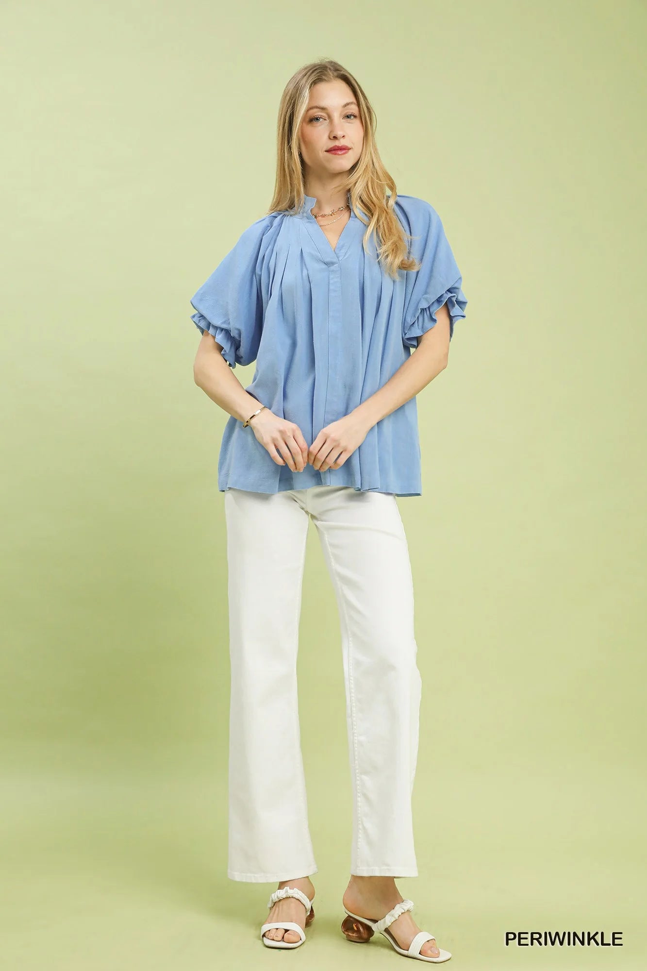 Umgee Linen V-Neck Flutter Sleeve Top