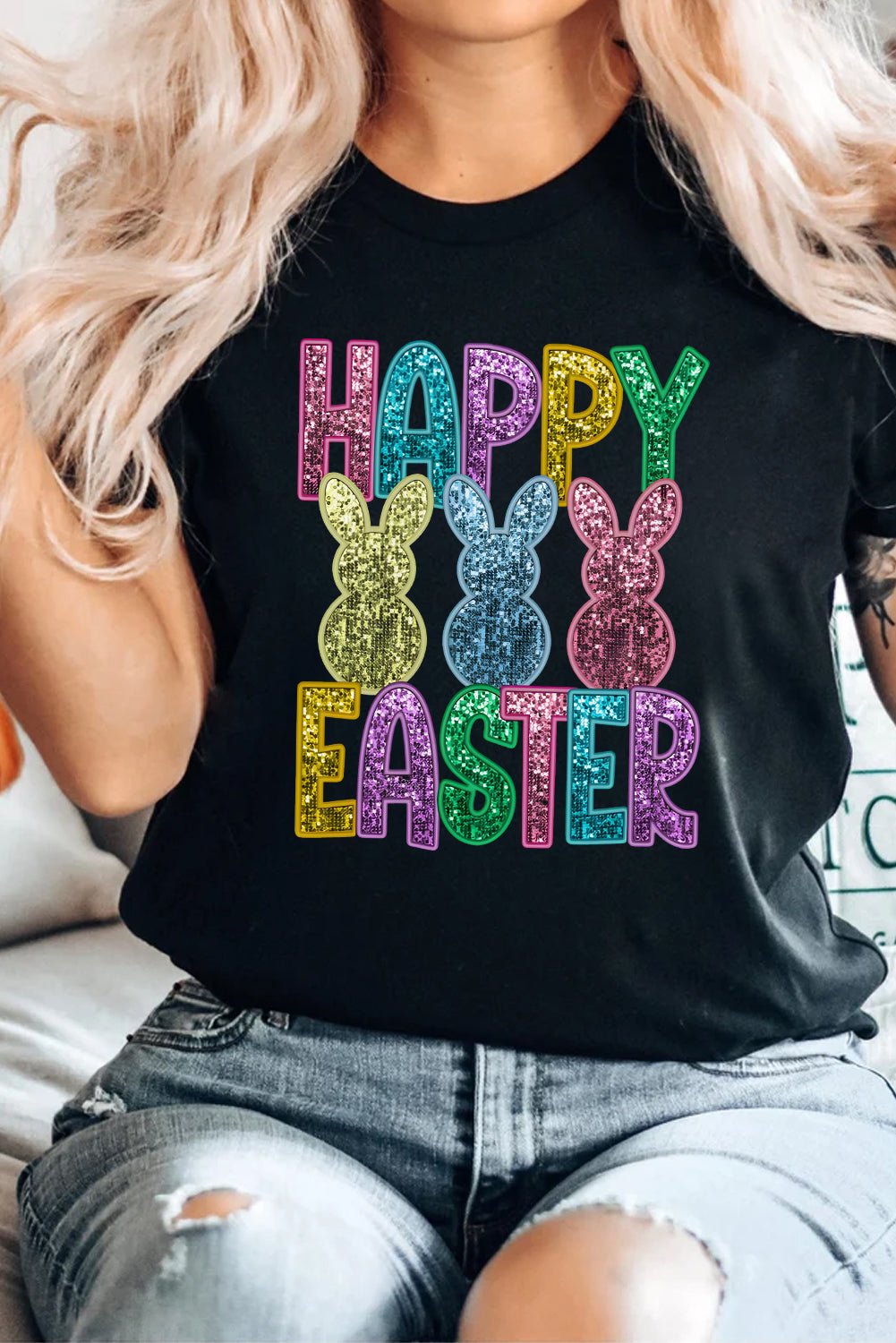 Black Glittering Bunny HAPPY EASTER Graphic T Shirt - Loving It Shop