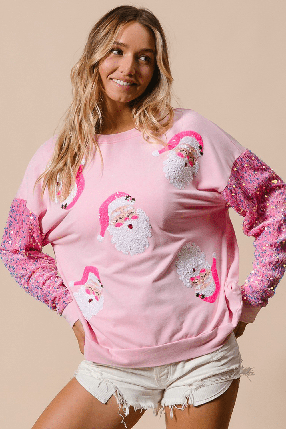 Pink Sequined Santa Claus Long Sleeve Christmas Sweatshirt - Loving It Shop