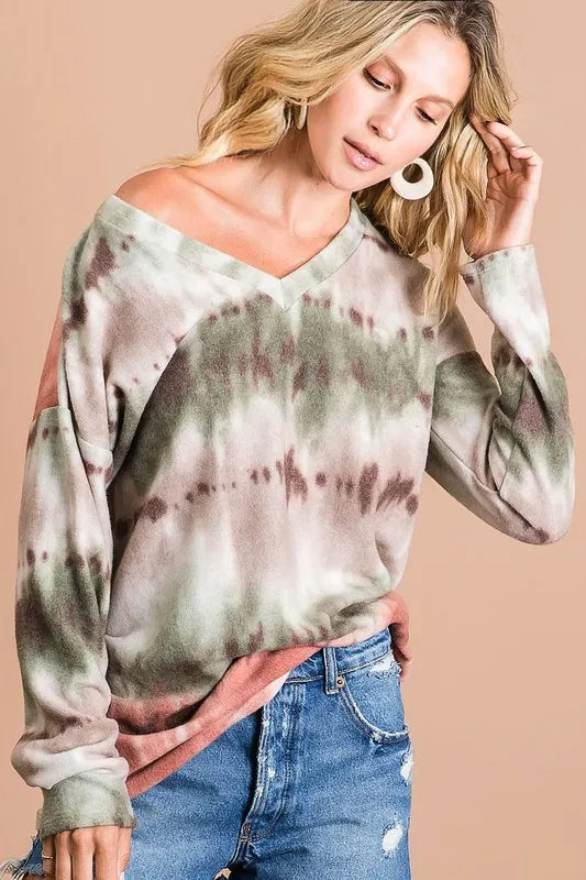 Brushed Tie Dye Looking Print V Neck Top