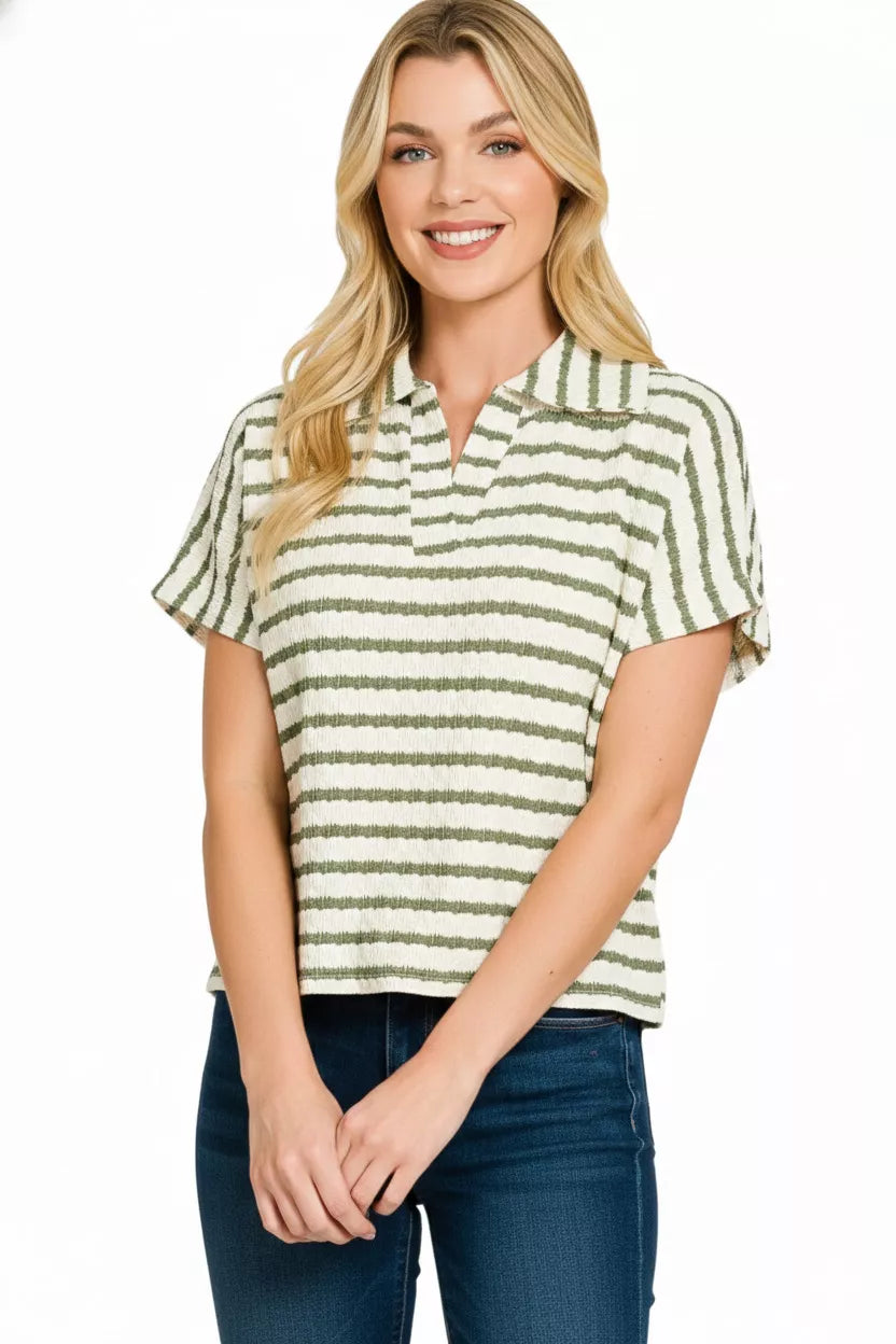 Striped Split Neck Collared Top