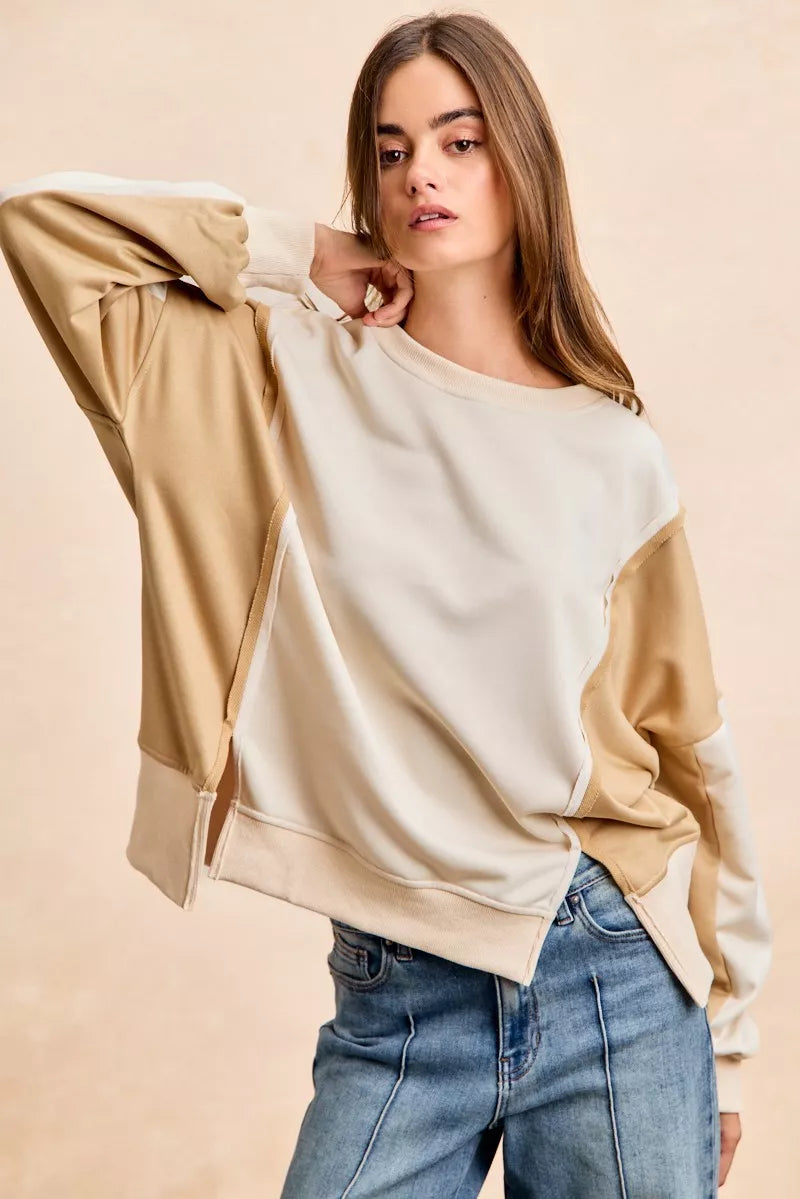 French Terry Color Block Top With Open Seam Detail