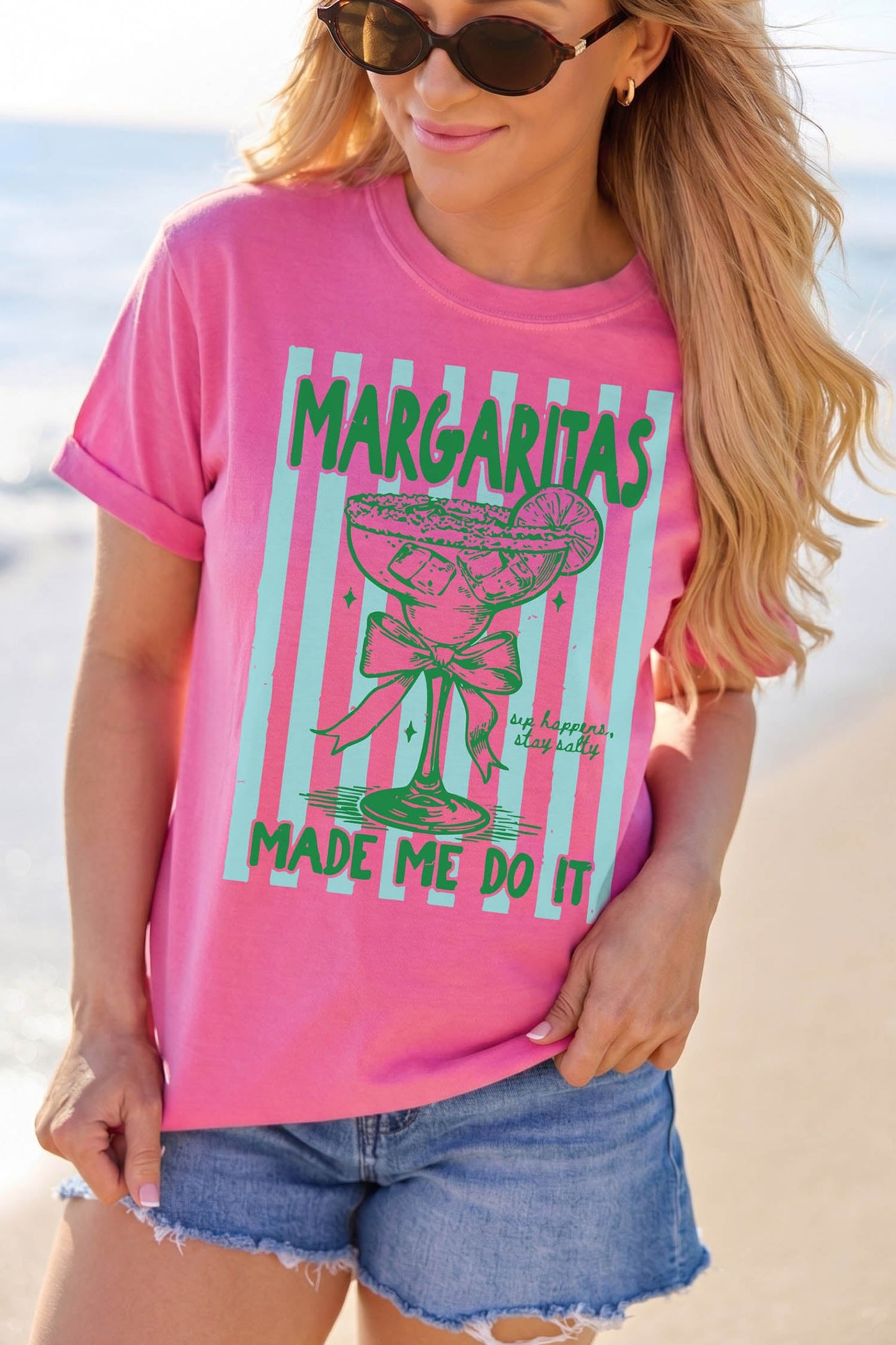 Rose Red Margaritas Made Me Do It Striped Graphic Beach Vacation Tee - Loving It Shop