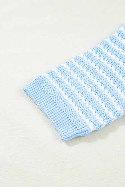 Sky Blue Stripe Short Sleeve Knit V Neck Bow Knot Sweater