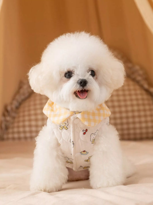 Cute Cartoon Print Padded Pet Jacket with Gingham Collar - Loving It Shop