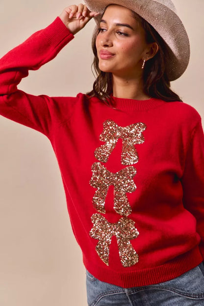 Sequins Bow Ribbon Embellished Christmas Sweater