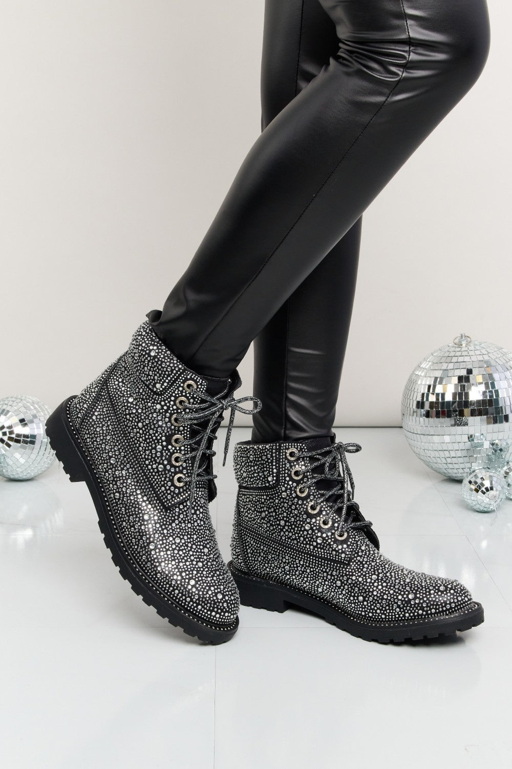 Rhinestone Lace-Up Combat Boots