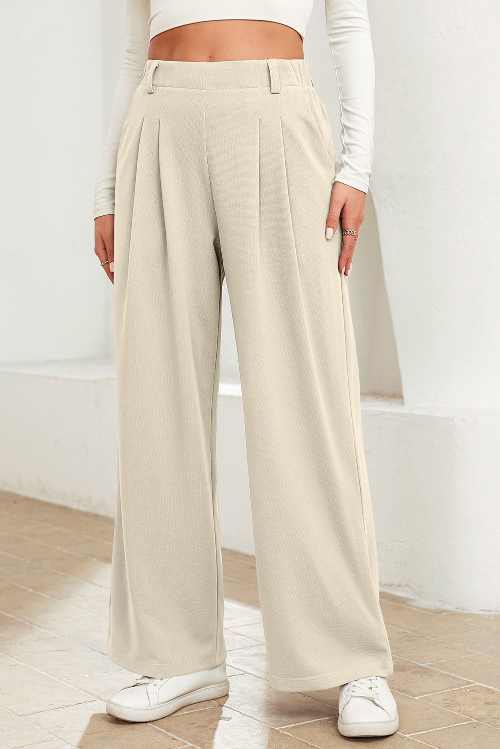Beige Solid Color Textured Elastic Waist Wide Leg Pants - Loving It Shop